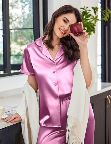 Image of Ekouaer Womens Satin Pajamas Silk Capri Pjs 2 Piece Lounge Sets Short Sleeve Button Down Sleepwear