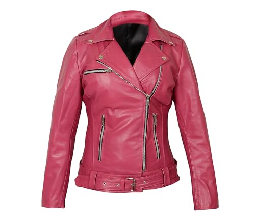 LP-FACON Womens Cute Pink Lambskin Leather Motorcycle Brando Biker