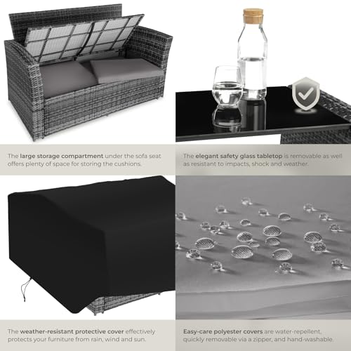 TecTake 800719 Rattan Seating Set 6 PCs, Sofa Seats Stools Table with Glass Top, UV-Resistant, Steel Frame, incl. Cushions + Protective Cover, ideal Garden Patio Outdoor - Image 7