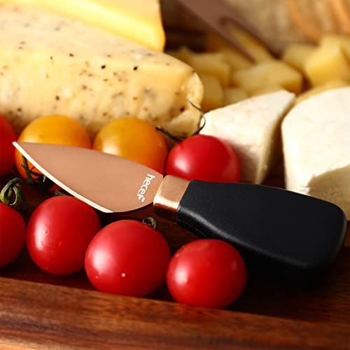 Foto von hecef 5 Stück Käsemesser Set, Käsegeschenkset mit Käsegabel, Käseschaufel, Käsemesser & Acrylständer, Roségold Edelstahl Käseschneider/Mini Käsebesteck für Käse und Snacks