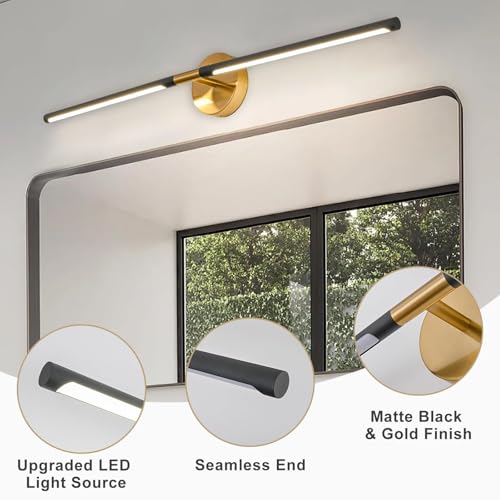 Image of Modern Bathroom Light Fixtures Over Mirror 43 Inch, 33W 360 Rotatable Dimmable 4000K Led Vanity Light Bar, Black and Gold Bathroom Vanity Lights Above Mirror