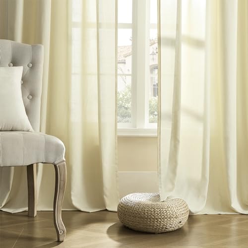 Linen Sheer Window Curtains, Rod Pocket & Back Tab Modern Semi Sheer Panels Privacy with Light Filter Linen Drapes for Sliding Glass Door/Living Room, Light Yellow, W60 x L96, 2 Pieces by DONREN - Image 7