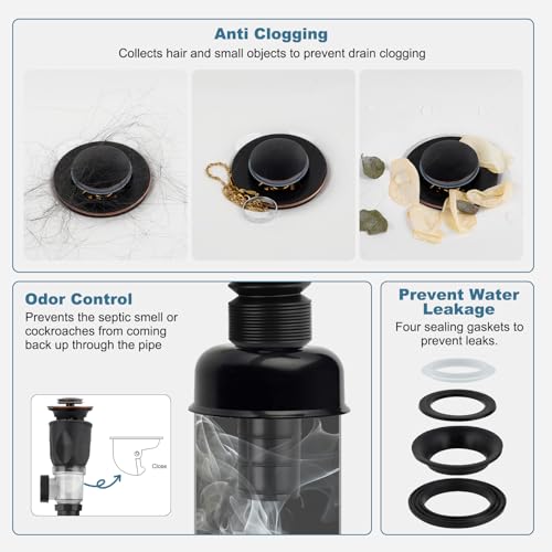 iFealClear Bathroom Sink Drain Kits, Flexible P-Trap Drain Pipe with Pop Up Stopper, Bathroom Sink Pipe Replacement with 2 Adapters, Fits 1-1/4'', 1-1/2'', 2" Holes, Hair Catcher, Oil Rubbed Bronze by iFealClear - Image 3