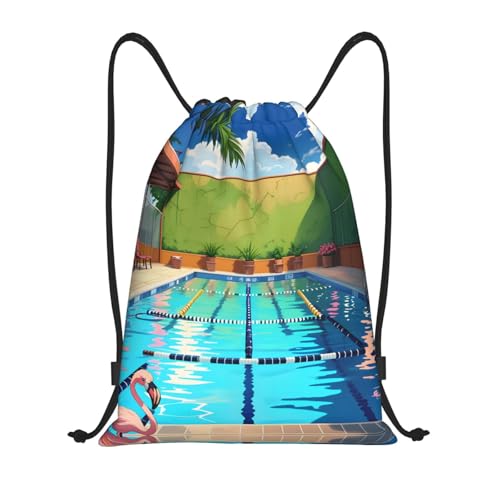 Small Drawstring Bag - Sport Flamingo and swimming pool Print Sackpack for Yoga, Dance, Travel, Hiking - Lightweight Storage