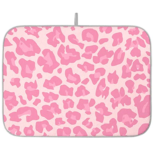 Image of Seorsok Cute Pink Leopard Dish Drying Mat For Kitchen Counter,Coffee Bar,Ultra Absorbent Reversible Microfiber,Absorbent Fast Kitchen Accessories Dish Drainer Rack Mats 18 In x 24 In