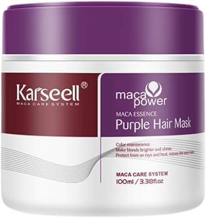 Karseell MACA CARE SYSTEM Mascarilla Capilar Violeta Profesional Matizadora Antiamarillo Cabello Rubio Canas Platino Decolorado Encrespado Hidratante Reparadora Antifrizz Colágeno Sin Sulfatos 100ml