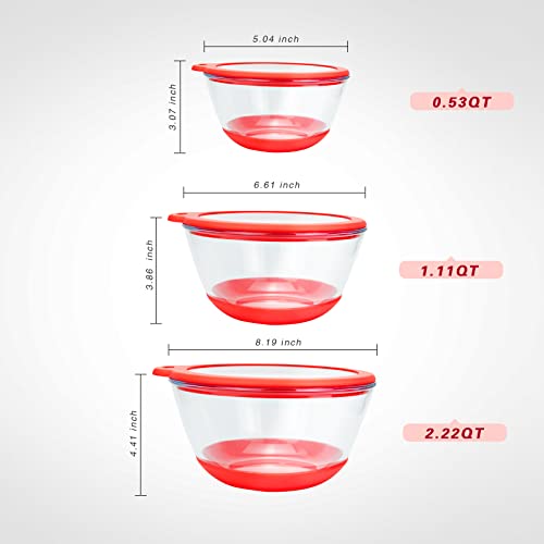 Mr.chou Glass Mixing Bowl Set Of 3 With Bpa Free Airtight Lids, Nesting Bowls With Non-Slip Silicone Bottom, Large Mixing Bowls For Food Storage, Dishwasher & Microwave Safe, 2.2, 1.1, 0.5 Qt Red #TOP6