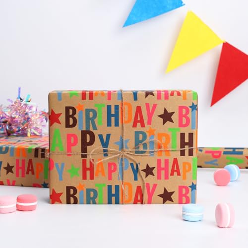 BIOBROWN Geburtstag Geschenkpapier, mit buntem Happy Birthday-Design, Kraftpapier ideal zum Verpacken von Geburtstagen und Feiertagen, 43 cm x 10 m