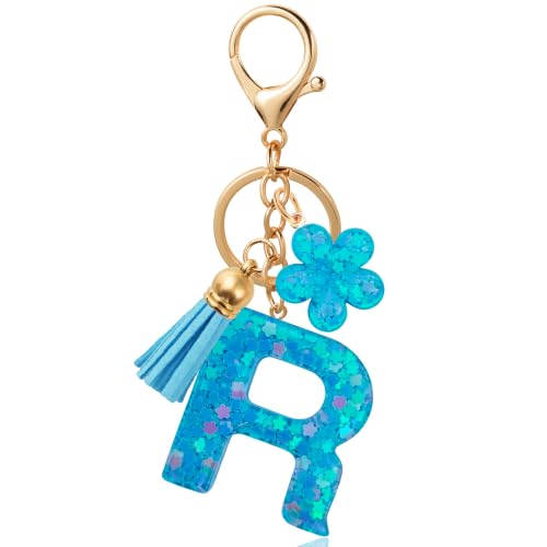 ANHBKAR Blue Flower Initial Keychain - Resin Letter R Bag Charm for Women, Girls (R-BLUE)