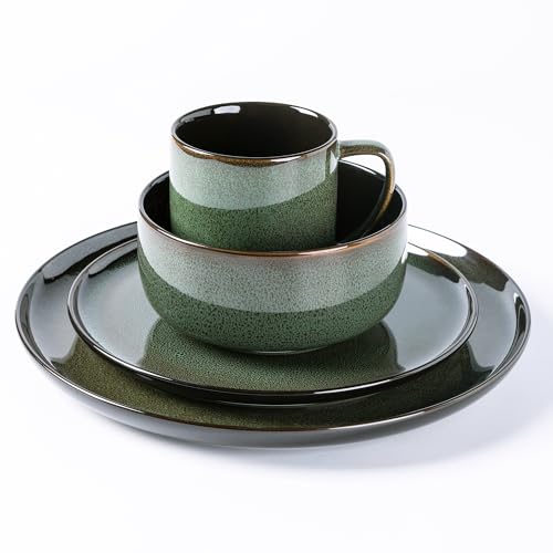 Image of LERATIO Ceramic Dinnerware Sets for 4,16-PieceReactive Glaze Plates and Bowls Set with Mugs,Highly Chip and Crack Resistant | Dishwasher,Microwave & Oven Safe Dishes set-Green