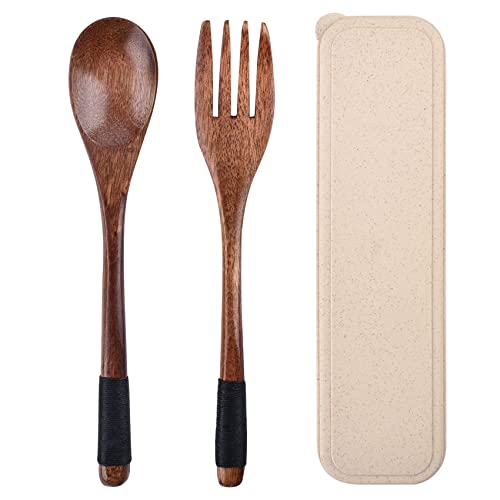 Wooden Cutlery Set, Travel Utensils with Case, Spoon & Fork, 3 Pcs