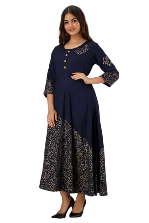 Raj Fashion Women's 3/4th Sleeves Round Neck Foil Patterned Solid Calf Length Flared Anarkali Ethnic Gown Navy Blue-picture-24