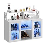 Curtainboro Wine Bar Cabinet, Farmhouse Liquor Cabinet with Led Light and Power Outlets, Bar Cabinet for Home with Wine Racks and Glass Holder for Kitchen, Dining Room, Living Room, White