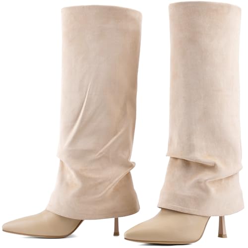 Womens Slouchy Fold Over Knee High Boots High Heel Pointed Toe Sexy Stiletto Pull on Tall Boots Winter Shoes4