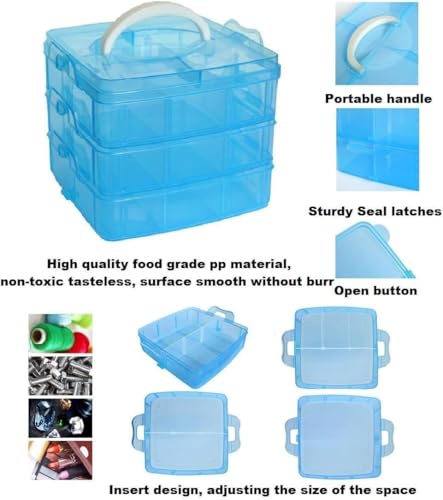 Image of UCRAVO Blue Plastic Storage Box 3-Tier 18 Grid Stackable Storage Containers with lids Adjustable Compartments for Craft Organizers Storage for Jewelry, beads,beauty,makeup & sewing supplies