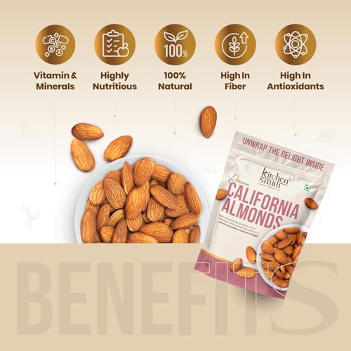 Image of KitchenSmith Jumbo California Almond - Pack of 4 (250gm Each) | Badam Giri, Naturally Sourced Crunchy Badaam & High In Antioxidant | Naturally Sweet & Tasty