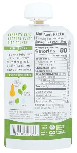 Serenity Kids 6+ Months USDA Organic Veggie Puree Baby Food Pouches | No Sugary Fruits or Added Sugar | Allergen Free | 3.5 Ounce BPA-Free Pouch | Butternut Squash & Spinach | 1 Count - Image 3