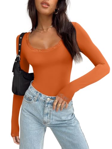 REORIA Womens Sexy Lace Scoop Neck Long Sleeve Body Suit Fall Outfits Double Lined Layering Slim Soft Bodysuit Tops Harvest Pumpkin Large — view 2
