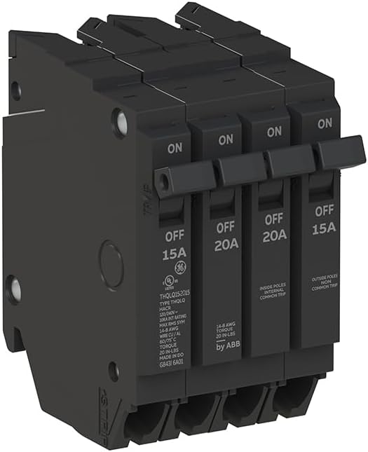 ABB Q-Line® THQLQ152015 Quad Circuit Breaker • 15A/1P, 20A/2P, & 15A/1P Configuration • 120/240 VAC, 10 kAIC • Thermal Magnetic Trip • Space-Saving Plug-in Mount Type