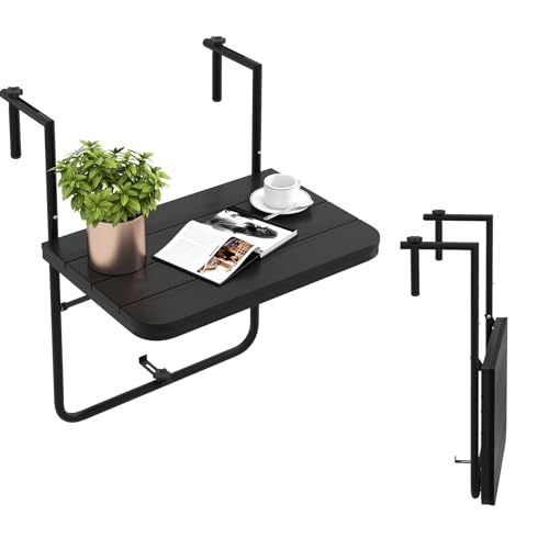 KOMFOTTEU Mesa de Balcón Plegable, Mesa Colgante de Terreza con Altura Ajustable en 3 Niveles, Mesa de Pared con Carga 30 kg, Mese Auxiliar para Exterior, 60 × 62,5 × 84 cm (Negro)