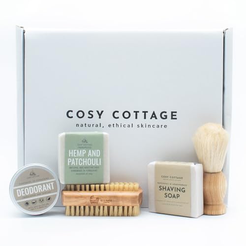 Cosy Cottage Men’s Grooming Gift Box | Natural Handmade Shaving Soap, Hemp & Patchouli Soap, Sandalwood & Tea Tree Deodorant, Shaving & Nail Brush Gift Set | Eco Friendly Skincare Men Gift Ideas