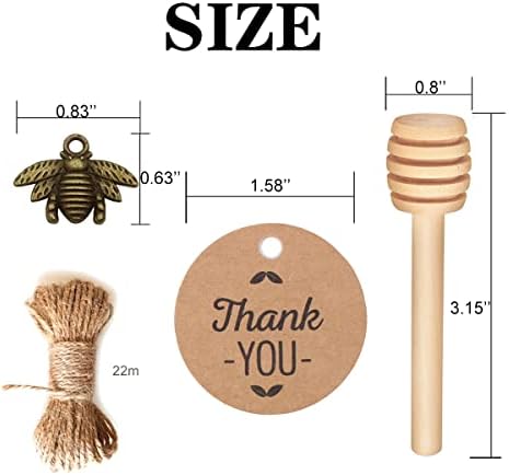 40-Count 1.5 oz Mini Hexagonal Glass Honey Jars - Small Honey Jars with Wooden Dippers, Bee Charms, Thank You Cards and Jutes - Honey Jars with Gold Lids for Baby Shower, wedding and Party Favors