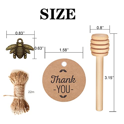 40-Count 1.5 oz Mini Hexagonal Glass Honey Jars - Small Honey Jars with Wooden Dippers, Bee Charms, Thank You Cards and Jutes - Honey Jars with Gold Lids for Baby Shower, wedding and Party Favors