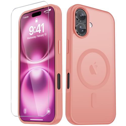 Image of YENAPOON for iPhone 17 Case, Matte Magnetic Phone Cover [with 1 Screen Protector] [Support for MagSafe] [Shockproof Military Grade Protection] Translucent Frosted Back, Pink