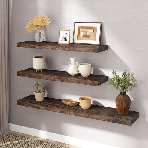 Image of RICHFOCUS Elm Floating Shelves for Wall - 36 inch W x 9.3 inch D Rustic Solid Wood Shelves with Invisible Bracket, Wall-Mounted for Living Room, Bedroom, Kitchen Storage & Display, Set of 2, Walnut