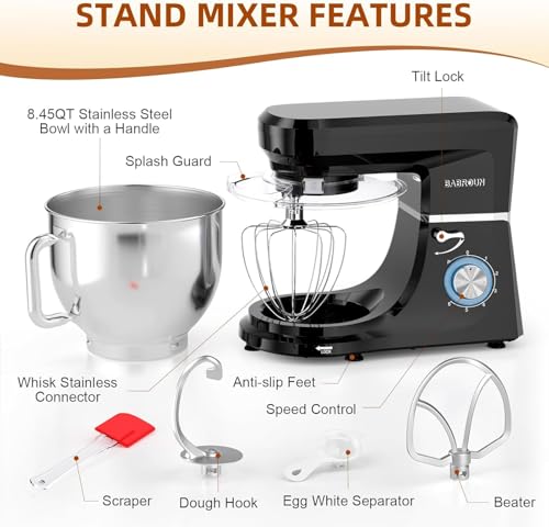 Babroun Dough Mixer 8.45 QT Electric Mixer - 660W 6 Speed Large Capacity Kitchen Stand Mixer with Whisk Dough Hook Mixing Beater Household Food Mixer for Baking Cakes Cookie Bread Salad(Black) - Image 4