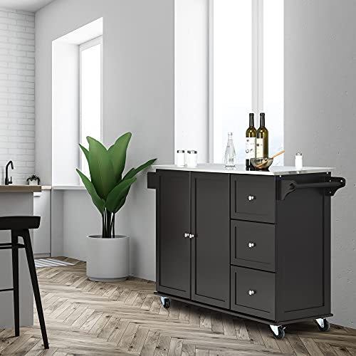 GLACER Kitchen Island Cart on Wheels, Rolling Kitchen Cart with Stainless Steel Countertop, Rolling Kitchen Island for Kitchen, Dining Room, Restaurant, 53 x 18 x 36 inches (Brown)