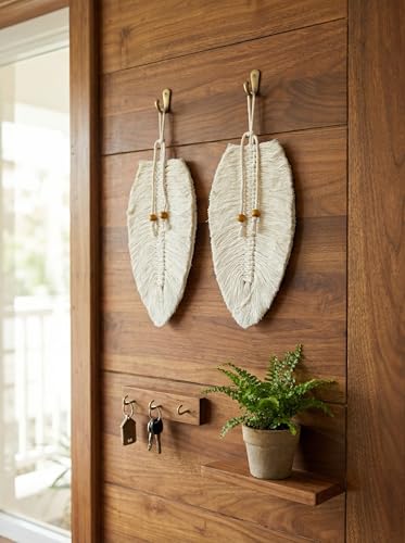 Image of JH Gallery Macrame Leaf Wall Decor Hanging, Bohemian Cotton Rope Handmade Tapestry, Home Decor Tapestry for Bedroom, Living Room and Office (Pack of 2) (White)