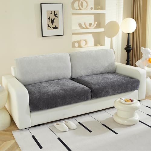 WEYOND Soft Chenille Sofa Seat Covers, Individual Couch Cushion Covers Sofa Covers Washable, Stretch Non-Slip Couch Covers for 2-3 Seater and L Shaped Sectional Sofas (2 Pieces, Dark Grey)