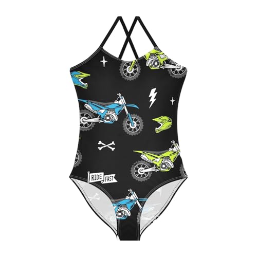 Girls One Piece Swimsuits Blue Green Motocross Pattern Sport Halter Swimwear Beach Bathing Suit, 4T