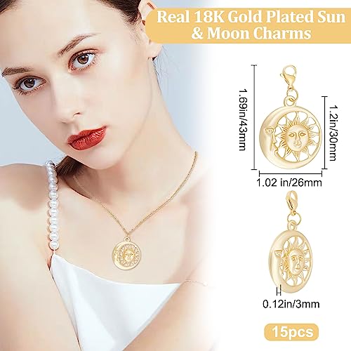 Beebeecraft 1 Box 15Pcs Sun & Moon Pendant Charms 18K Gold Plated Flat Round Pendant Decorates with Lobster Claw Clasps for Jewellery Making - Image 2