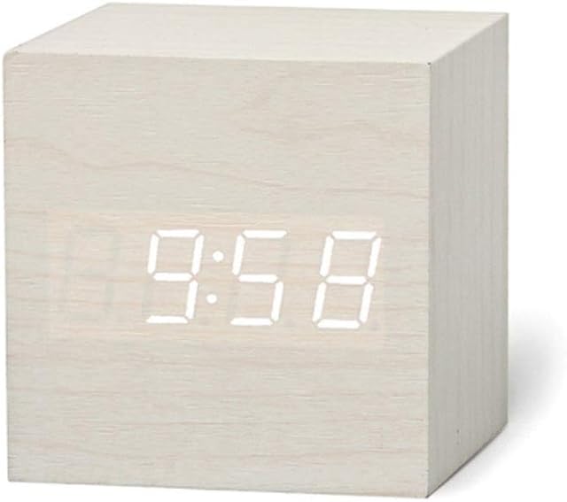 Micar Digital Alarm Clock Wooden Alarm Clock USB/Battery Powered, Desk Clock Cube Clock for Bedrooms, Kids, Living Room, Kitchen with Date Temperature Time (White)