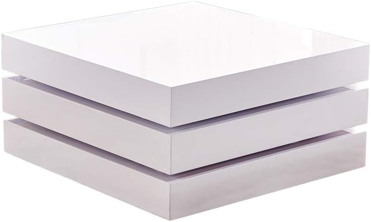 Tason White High Gloss Coffee Table, 3 Tier Square 360ยฐ Rotatable Extendable Tea Table with Modern Design for Living Room Decor and Storage