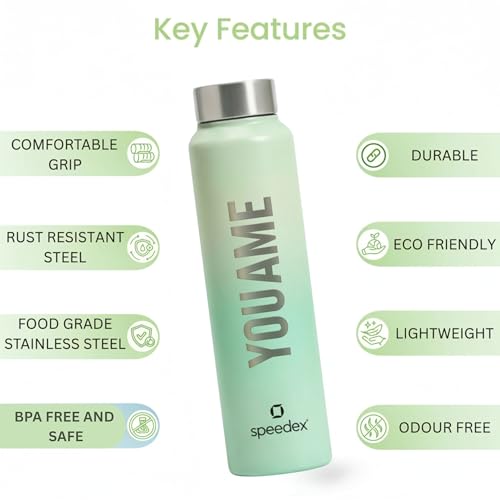 Image of Speedex Customised Engraved Name Stainless Steel Water Bottle 1 Ltr - Personalised Screw Cap Bottle for Kids, Men & Women, School, Office, Gym, Dual Green, Set of 1