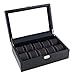 Caddy Bay Collection Black Carbon Fiber Pattern Watch Box Display Storage Case with Glass Top, Orange Stitching Perforated Soft Pillows Holds 10 Watches - Orange Stitching