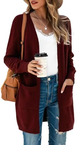 Saodimallsu Strickjacke Damen Lang Leicht Cardigan Langarm Open Front Strickpullover Einfarbig Freizeit Strickmantel Outerwear mit Tasche