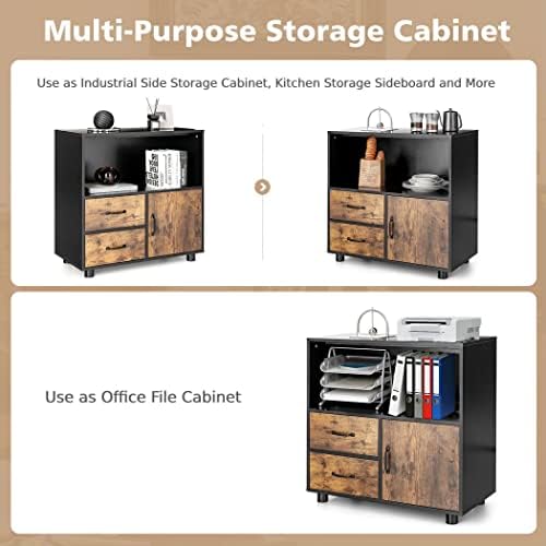 COSTWAY Industrial Storage Cabinet, Floor Standing Wooden Sideboard with Anti-tipping Device, 2 Drawer Display Cupboard Organiser Unit for Living Room, Bedroom, Dining Room and Hallway