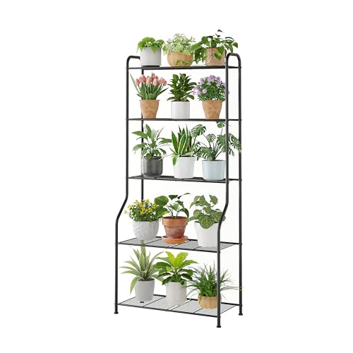 Kitsanery Plant Stand Indoor Outdoor for Multiple Plants, 5 Tier Tall Heavy Duty Metal Shelf, Large Flower Pot Holder Ladder for Garden, Patio, Living Room, Balcony, Black
