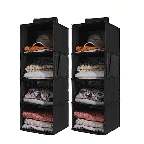YRCBEHFU Paquete de 2 organizadores y almacenamiento colgantes de armario, estantes de almacenamiento colgantes de 4 estantes con bolsillo lateral, color negro