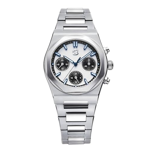 BETTIMER Herren Chronograph Mechanikuhr mit Handaufzug ST1903 Werk - 38,5 mm Gehäuse aus 316L Edelstahl, Saphirglas, 100 m wasserdicht (Weiß)