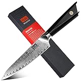 [High Carbon Damast AUS-10 Klinge aus Rostfreiem Stahl]: Das Allzweckmesser besteht aus Damast AUS-10 Japanisches klinge aus rostfreiem und ist mit einem 60-62 HRC (Rockwell-Härteprüfgerät) ausgestattet, dem langlebigsten werkzeug in dieser Kategorie. Ein exzellentes Damaststahlmesser hat eine viermal höhere Schärfe als ein normales Stahlmesser, das zum Schutz vor Korrosion, Härte und Verschleiß aus Stahl gefaltet und geschmiedet ist und sorgt für ein gesundes leben in der küche.