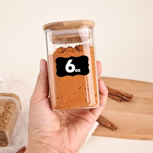 Image of 6oz Glass Spice Jars with Bamboo Lid and Label, 12 Pack Square Glass Container, Small Food Storage Containers for Kitchen, Clear Empty Seasoning Jar for Sugar, Salt, Coffee Bean, Herb, Borosilicate