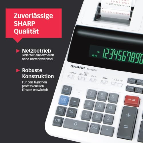 Sharp EL-2607LG Druckender Tischrechner 12-stellig, LCD Display, Heavy-Duty-Druckwerk, Tax/Währung, Schwarz/Rot Druck, Netzanschluss, Weiß