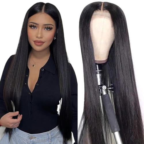Image of 4x4 Lace Front Wigs Human Hair Pre Plucked 150% Density Straight Glueless Lace Frontal Wigs Human Hair for Black Women 4x4 Brazilian Virgin HD Lace Closure Human Hair Wigs with Baby Hair(26 Inch)