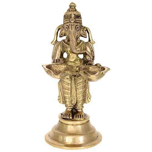 Purpledip unikalny mosiężny idol Ganpati trzymający bliźniacze diyas, indyjskie pomysły na prezent (1022)