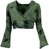 GURU SHOP Wickeltop, Yogatop, Langarmshirt mit Trompetenärmeln - Batik/grün, Damen, Baumwolle, Size:M